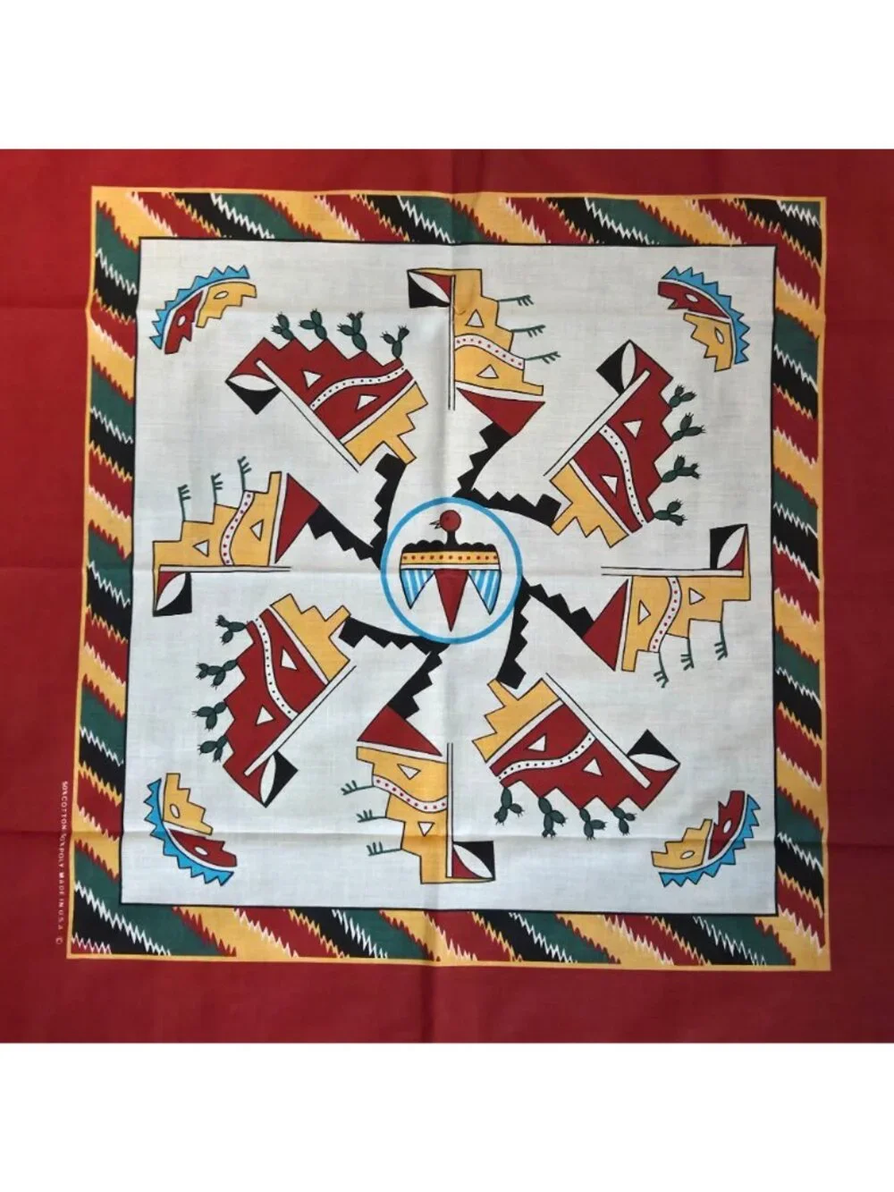 Southwestern Bandana Thunderbird Cactus Cotton Polyester Red USA 24 Inch Square
